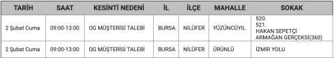 Bursa'da bazı ilçelerde 1-2 Şubat'ta elektrikler kesilecek