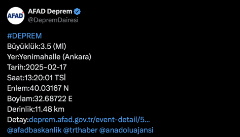 Ankara'da 3.5 büyüklüğünde deprem