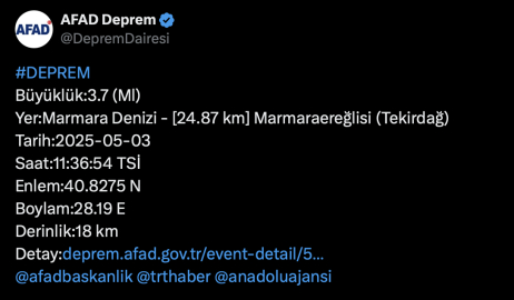 Marmara Denizi'nde 3.7 büyüklüğünde deprem