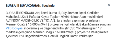 Büyükorhan’da korunacak alandaki ormanda mermer ocağına onay: ÇED raporu gereksiz bulundu