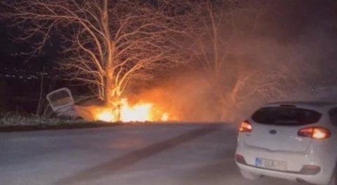 Bursa'da ağaca çarpan otomobil yandı!